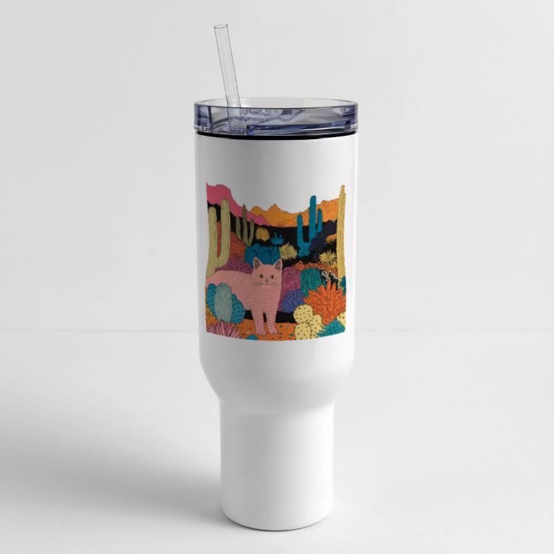 Retro Pink Cat in a Trippy Cactus Wonderland