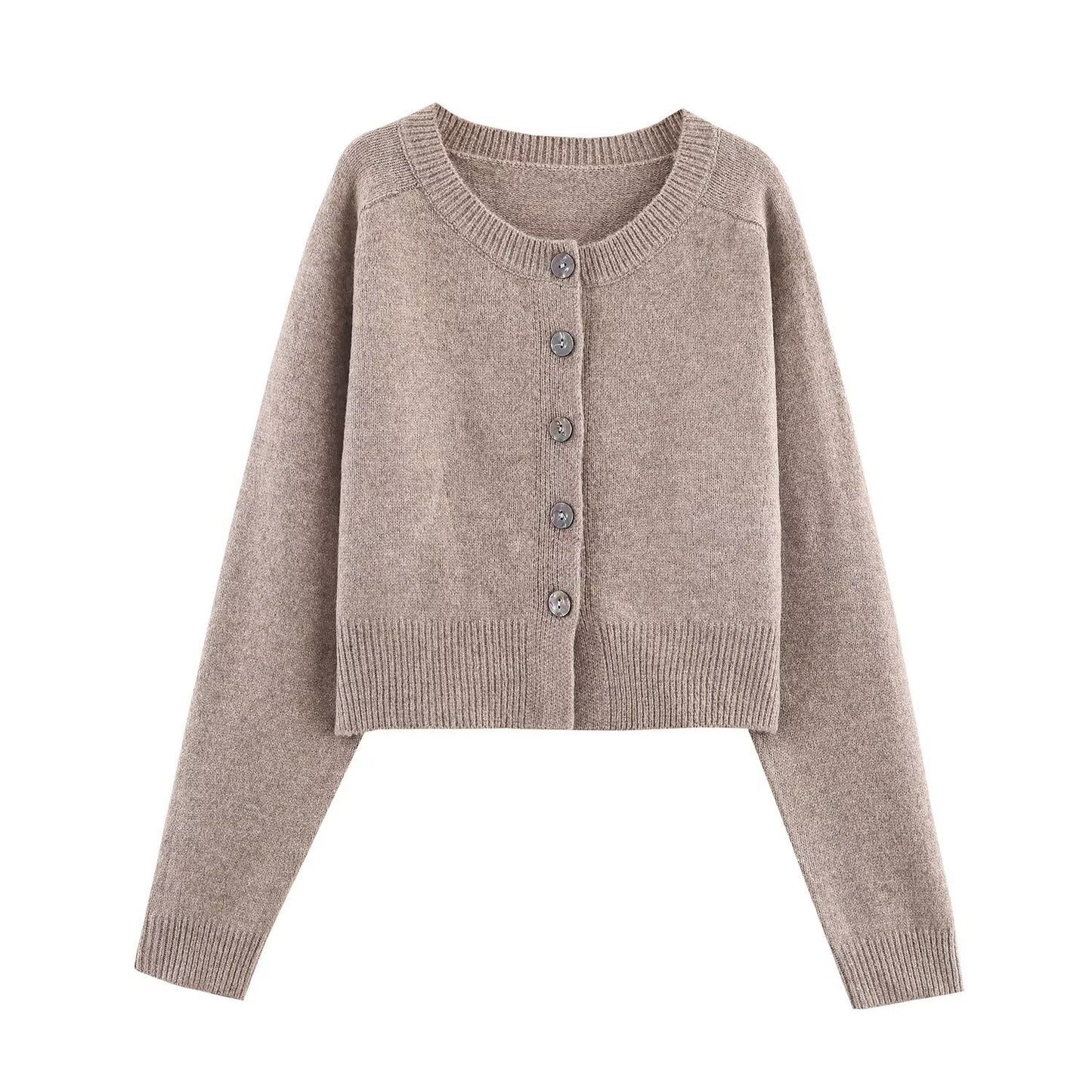 Button decoration round neck long sleeved knitted cardigan jacket for women