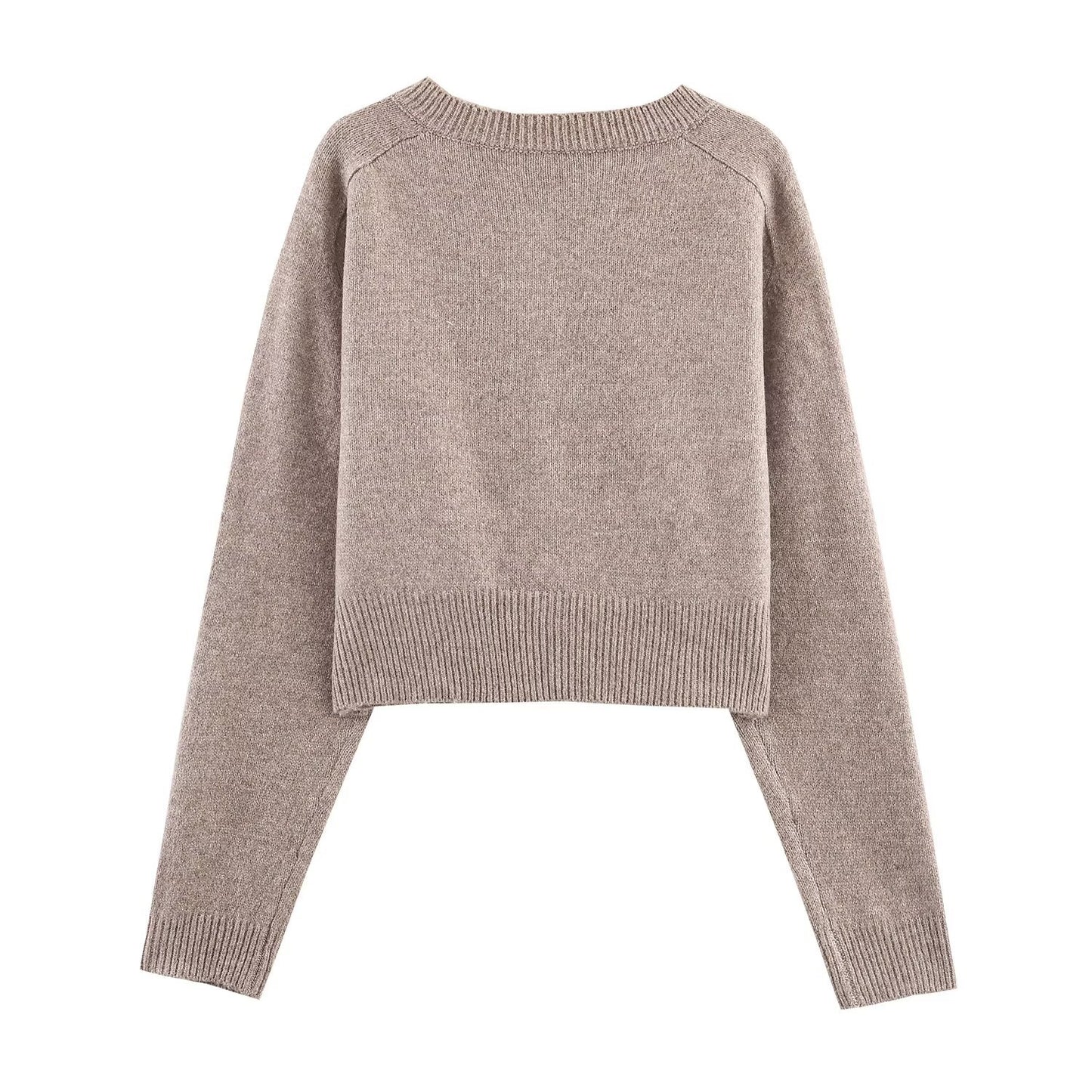 Button decoration round neck long sleeved knitted cardigan jacket for women