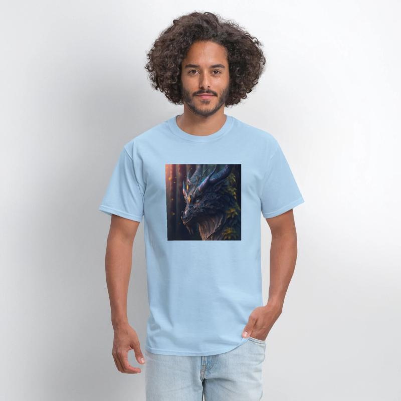 A close up of a dragon s head in a forest