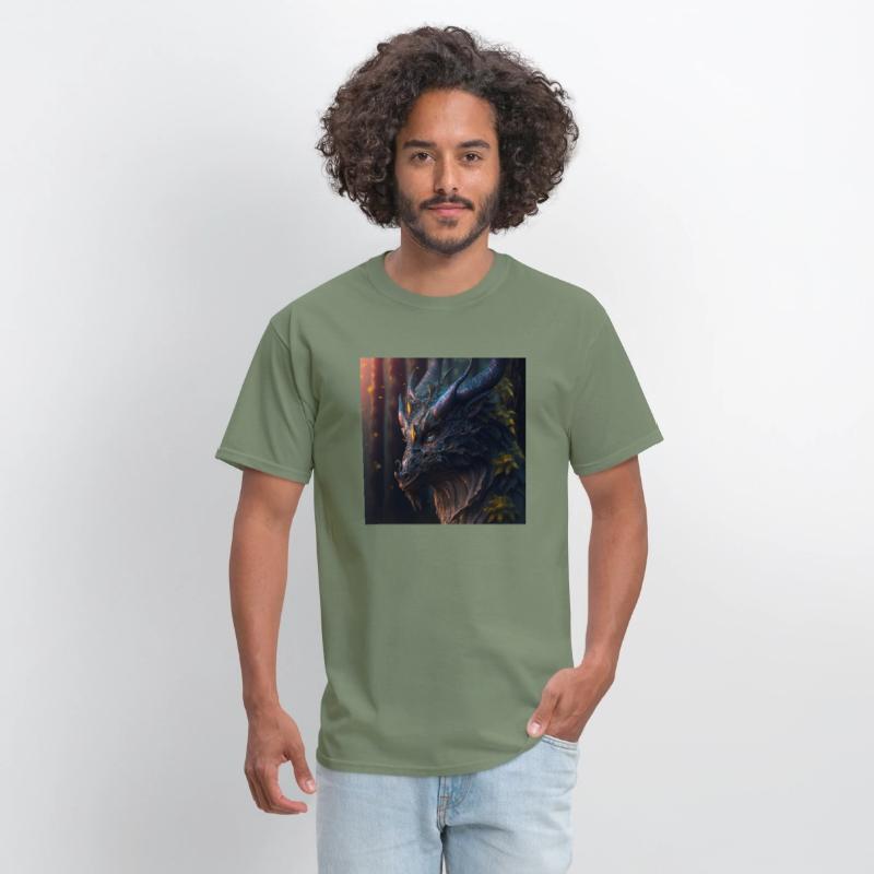 A close up of a dragon s head in a forest