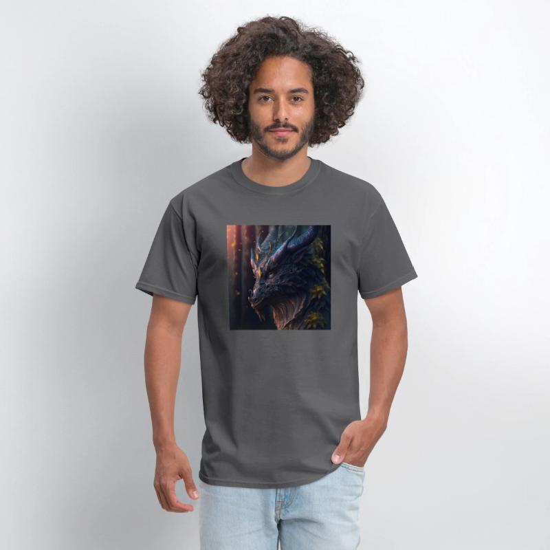 A close up of a dragon s head in a forest