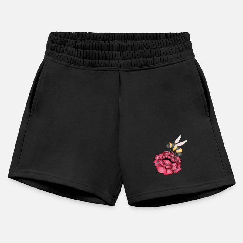 Drawing of a flying bumblebee with a red flower