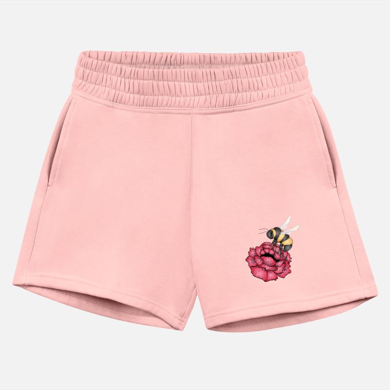 Drawing of a flying bumblebee with a red flower