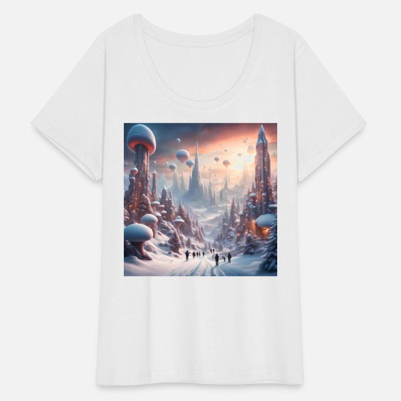 Futuristic Snowy Cityscape with Floating Balloons